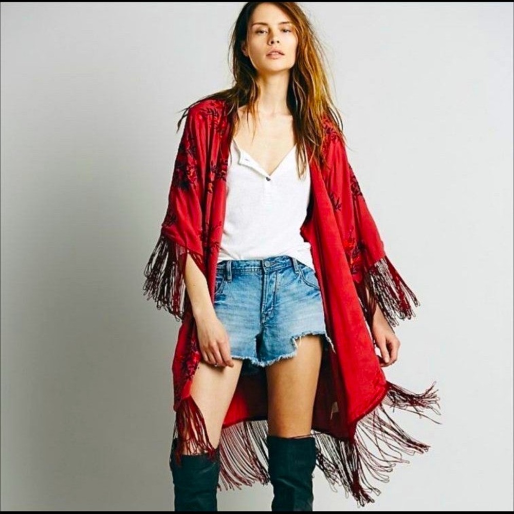 Free People Floral Keepsakes Kimono, M/L, Red & Pink